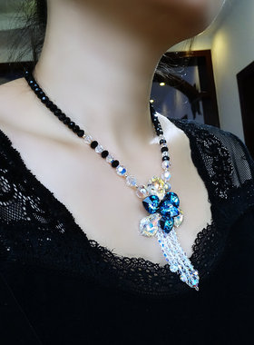 蓝色水晶短款流苏毛衣链