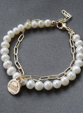 温柔高端复古手串双层天然珍珠手链14K包金ins小众设计手饰品女