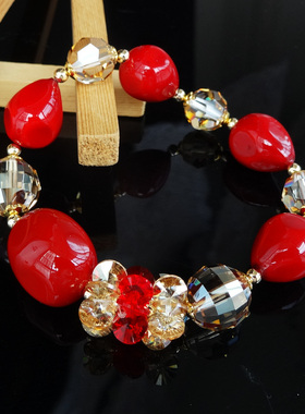 水晶手链大红色气质女民族风时尚