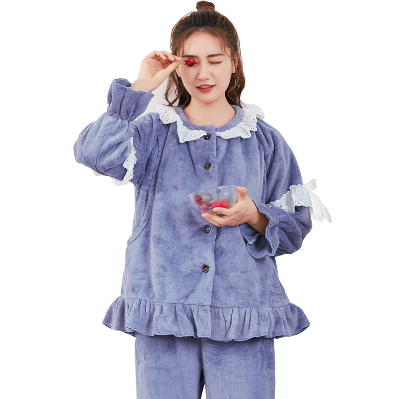 月子服秋冬季加大码哺乳法兰绒睡衣 韵娜世家家居服套装
