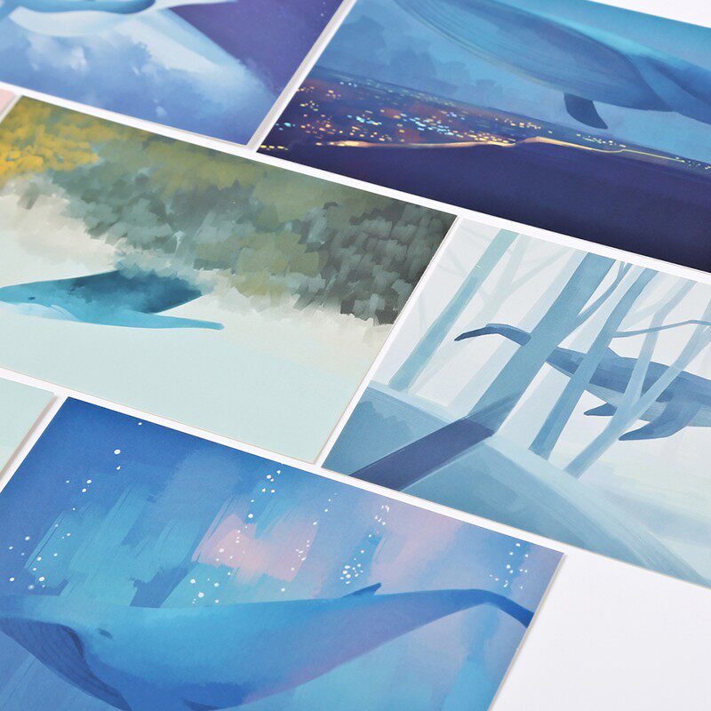 鲸鱼岛 创意文艺唯美学生礼物小清新手绘插画简约留言卡片 明信片