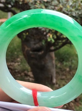 冰种翡翠手镯阳绿缅甸帝王绿飘花圆条玉镯子女款玉镯