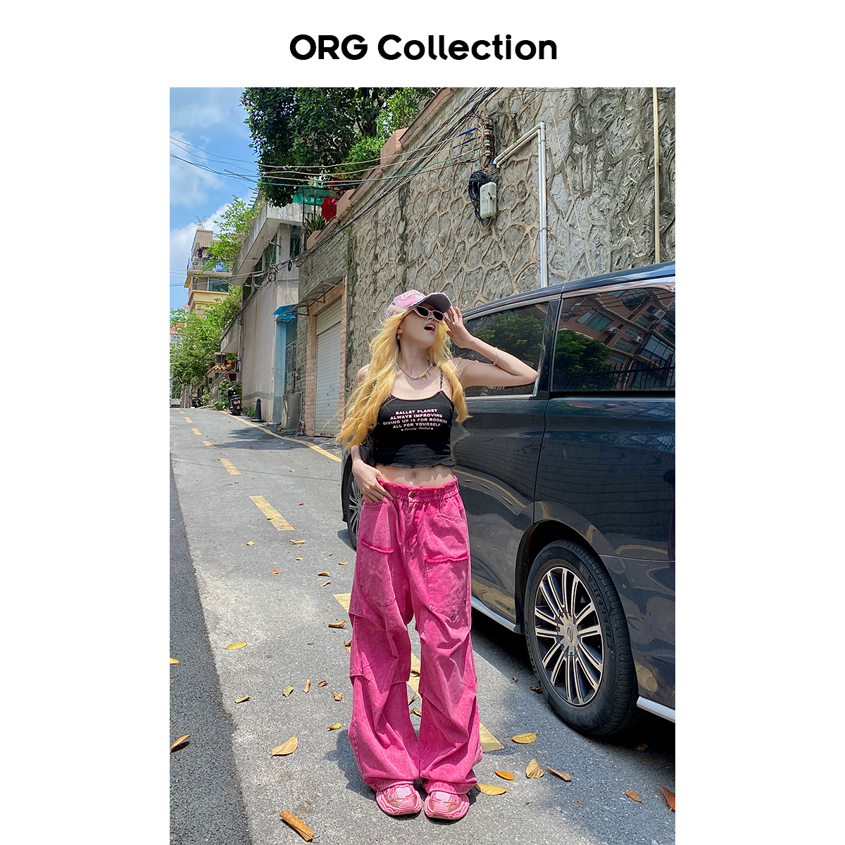 ORG Collection【定制树莓红】松紧腰设计感工装裤女阔腿宽松裤子 - 图0