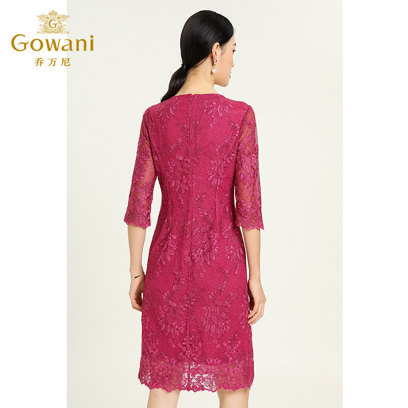 乔万尼商场秋商场同款女装喜宴连衣裙简约优雅红色蕾丝喜宴中长裙