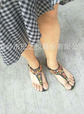 跨境串珠波西米亚女平底凉拖鞋