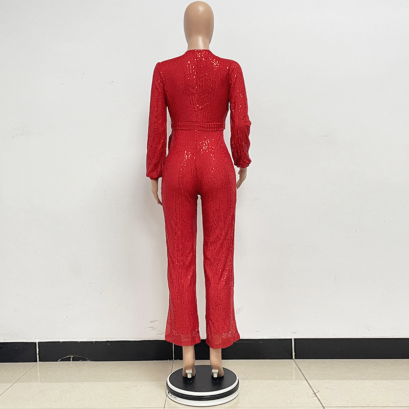 跨境INS风深V时尚休闲连体衣欧美长袖腰带亮片修身连体裤jumpsuit,淘宝优惠券,粉丝福利购,淘宝优惠卷