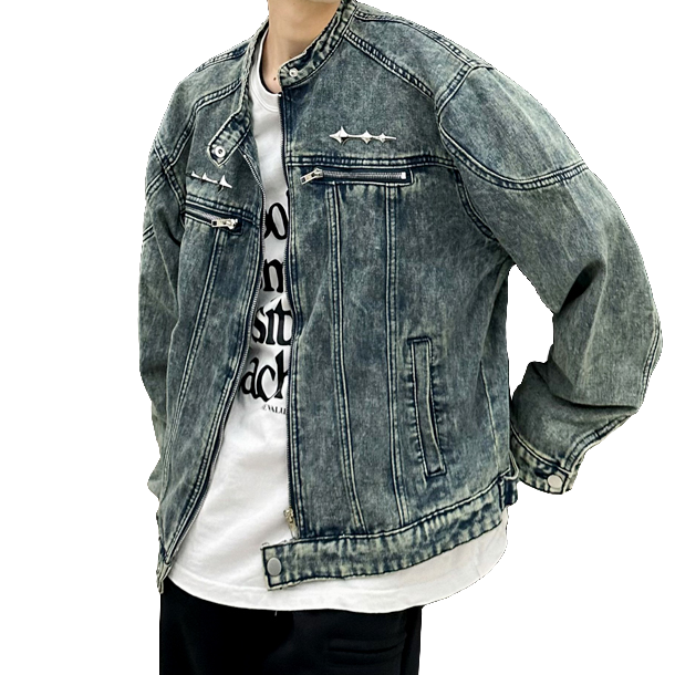 短款垫肩牛仔外套男装重磅美式高级感痞帅潮牌立领水洗牛仔衣夹克 - 图3