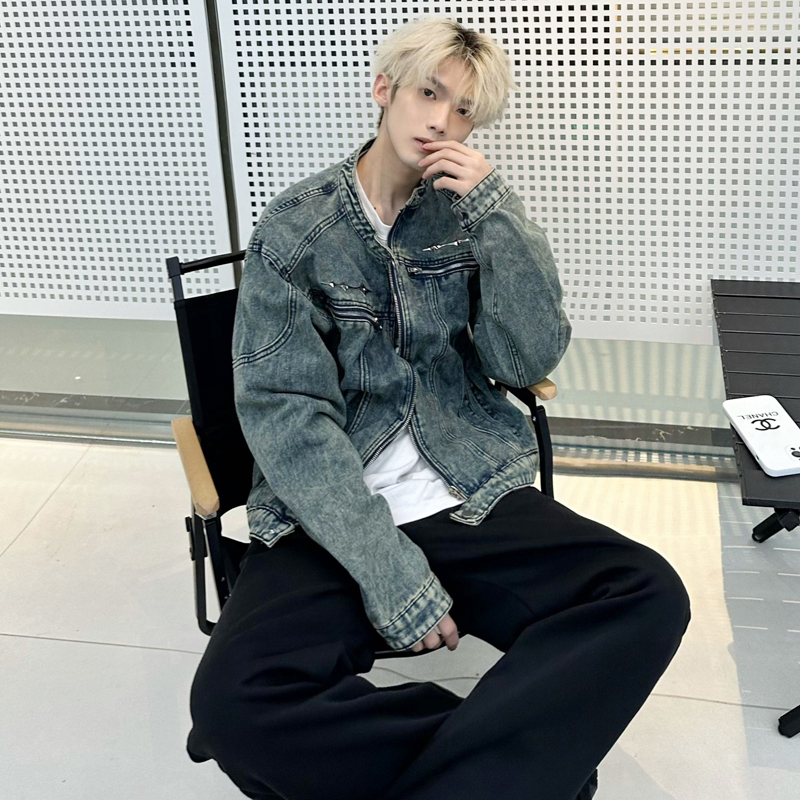 短款垫肩牛仔外套男装重磅美式高级感痞帅潮牌立领水洗牛仔衣夹克 - 图1