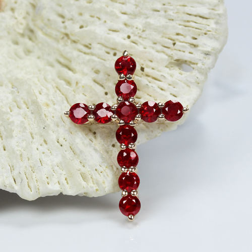 18K玫瑰金天然深红色红宝石十字架吊坠 2.2mm圆形男女款项链定制 - 图0