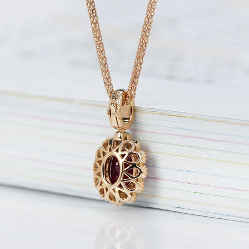 双保险万能扣18K玫瑰金鸽血红宝石蕾丝吊坠 百搭钻石复古项链女款 - 图1