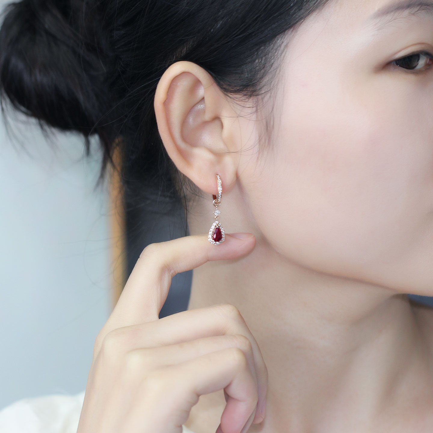 G18K玫瑰金无烧鸽血红宝石水滴形耳坠 可拆分多用款钻石耳环女款 - 图2