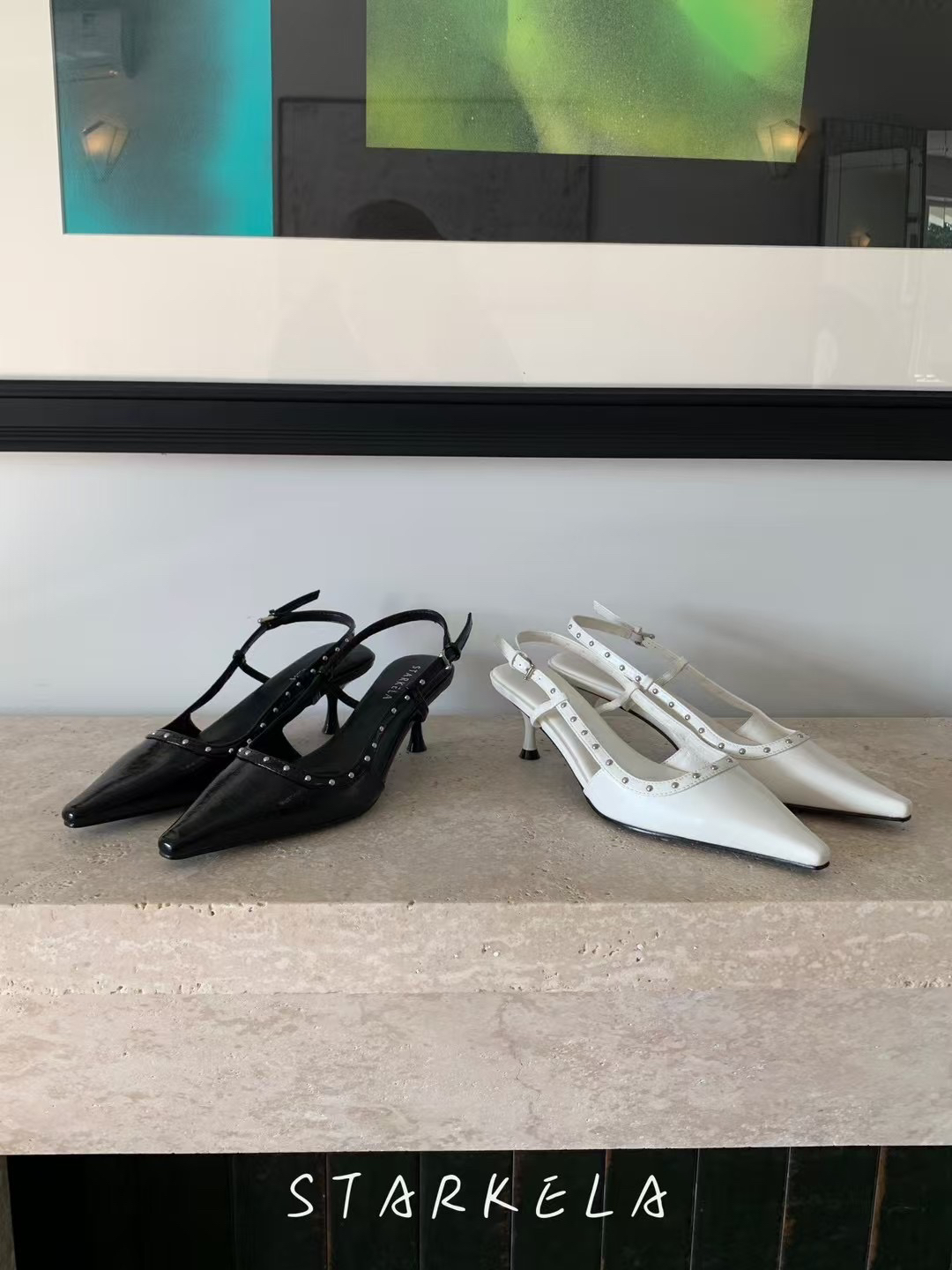 StarKeLa2025春新款金属钉尖头浅口中高跟包脚一字扣带凉鞋女单鞋 - 图1