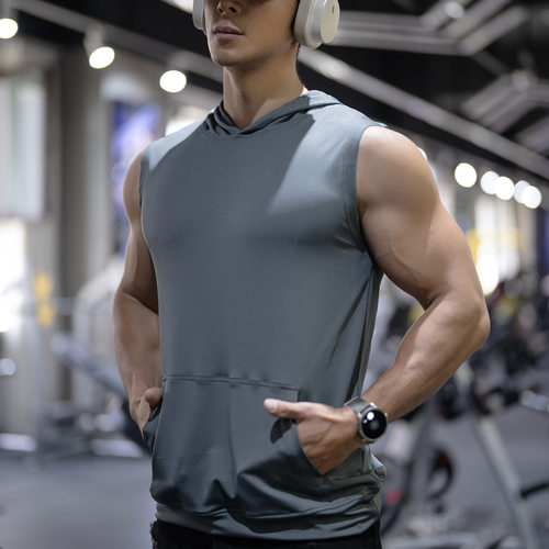 夏季男士户外运动连帽马甲背心宽松训练速干冰丝口袋透气健身上衣 - 图3