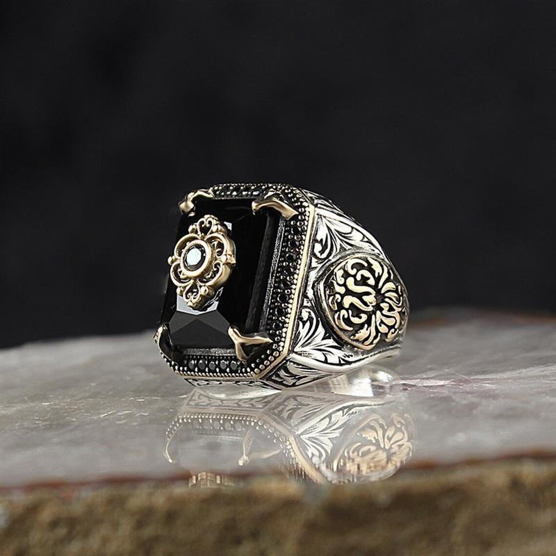 Classic Mens Ring Fashion Metal Gold Color Inlaid Black Sto - 图1