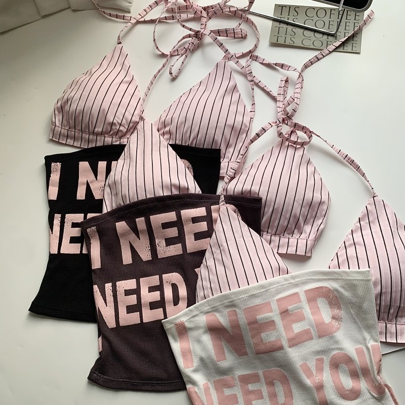 美式辣妹字母印花无袖抹胸女2025夏季条纹挂脖吊带内搭上衣两件套,淘宝优惠券,粉丝福利购,淘宝优惠卷