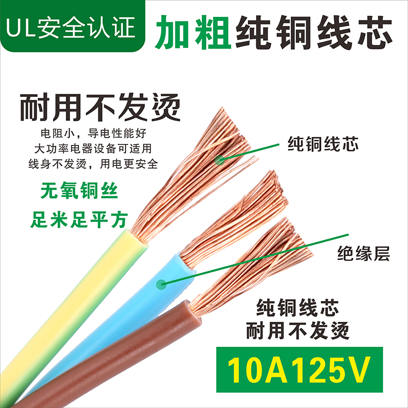 UL认证美标电源线三孔3芯0.824/2.08平方14/16/18AWG美规插头线 - 图1