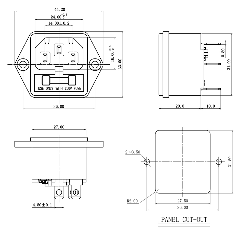 AC电源插座/带保险丝品字公座、插座/带耳朵公座/全铜AC品字插座 - 图0