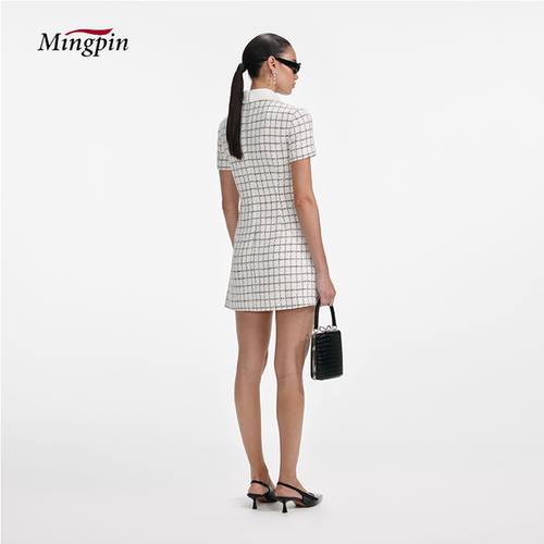 HaiNaYa 2025新款时尚名媛优雅白色立领格纹小香风修腰短袖短裙女 - 图0