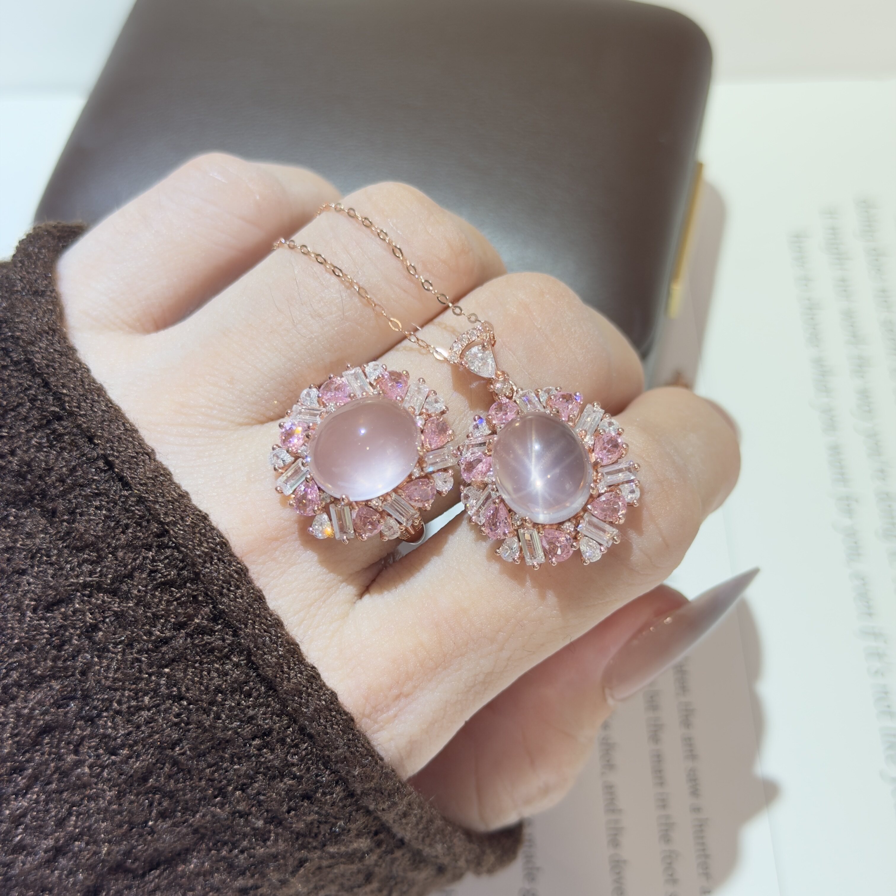 Starlight pink quartz ring and pendant set is a luxurious gift for your girlfriend