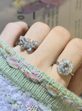 天然海蓝宝戒指女S925银镶嵌精致花朵皇冠造型小众通勤活口送礼物