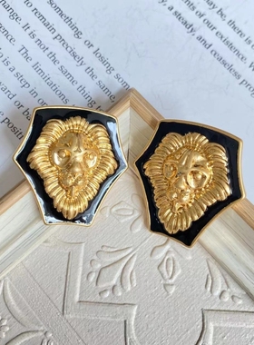 中复古轻奢镀金个性动物银针耳饰vintage黑边不规则狮子夸张项链