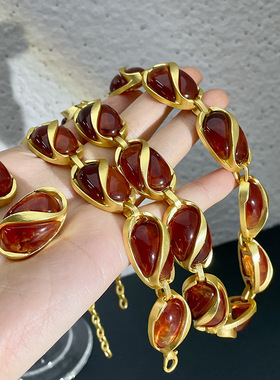 欧美法式复古棕色水晶串珠项链古董风Vintage棕色琉璃豆豆锁骨链