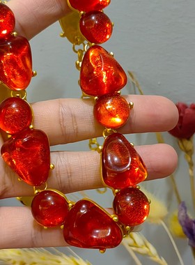 欧美宫廷风vintage中古复古气质红色果冻琉璃金属短款锁骨项链女