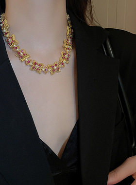 vintage中古镶钻花朵珍珠项链气质复古宫廷风锁骨链重工轻奢项饰