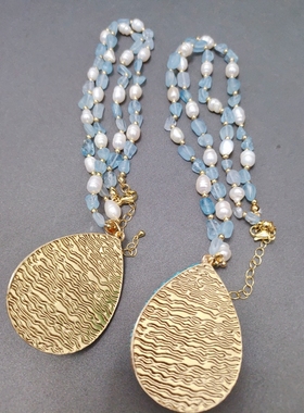 海蓝宝原石搭配捷克钻天然巴洛克珍珠毛衣链时尚潮流vintage项链