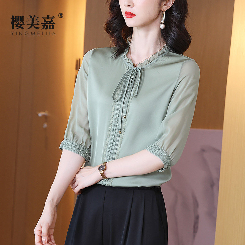 樱美嘉蕾丝花边短袖女夏木耳领衬衫 樱美嘉衬衫