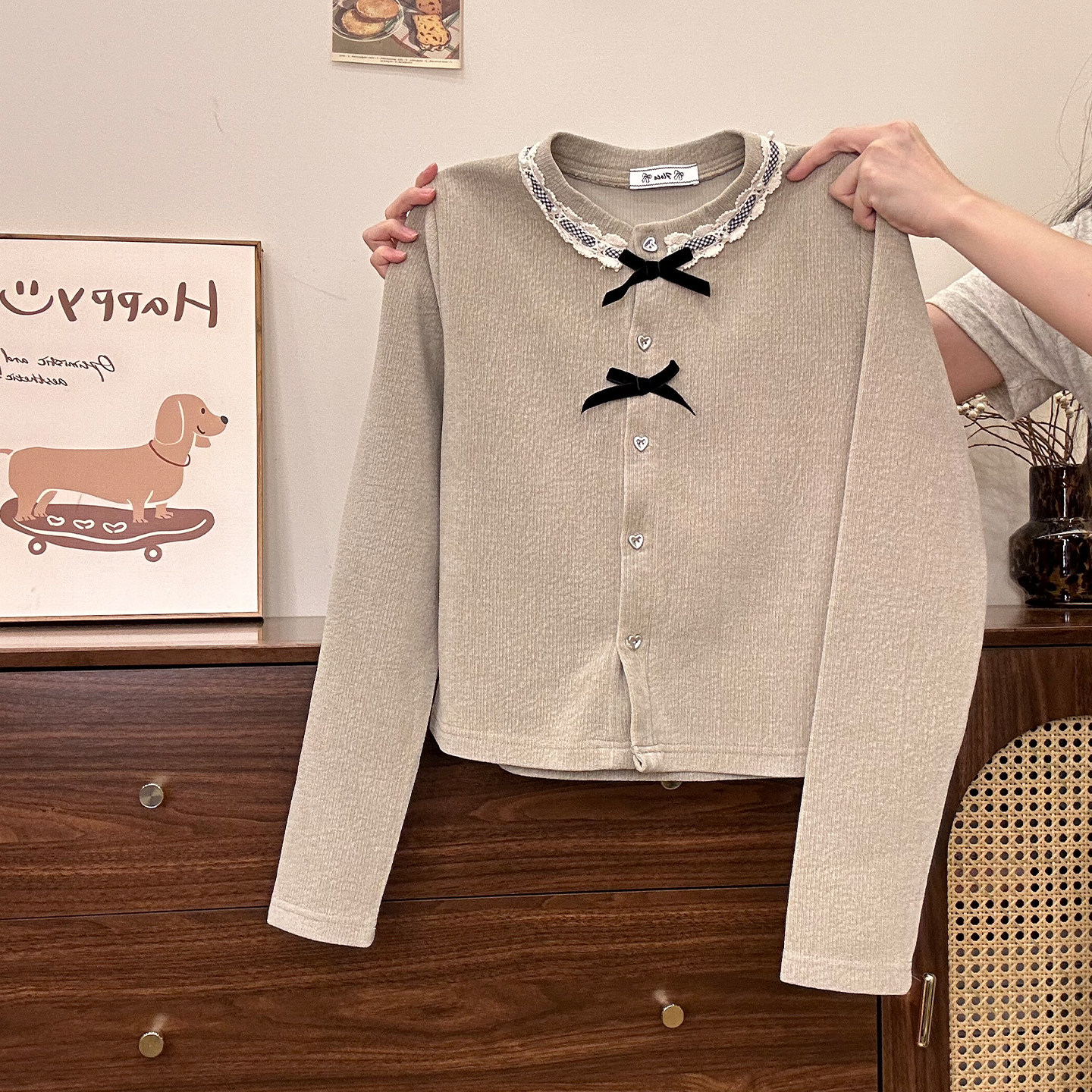 奶油的宇宙 蝴蝶结格纹蕾丝边开衫长袖上衣女小香风加厚短款外套,淘宝优惠券,粉丝福利购,淘宝优惠卷