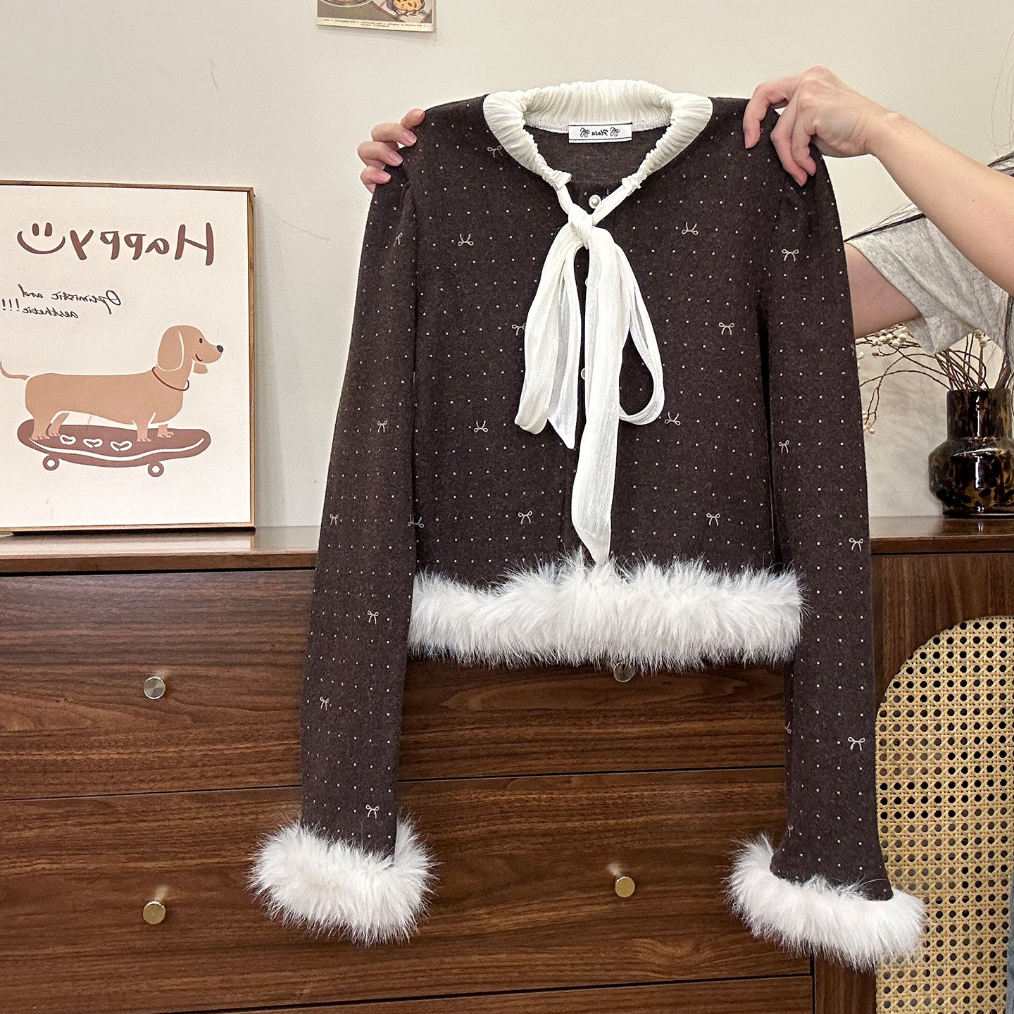 奶油的宇宙 波点蝴蝶结绑带毛绒开衫长袖上衣女小香风显瘦短外套,淘宝优惠券,粉丝福利购,淘宝优惠卷