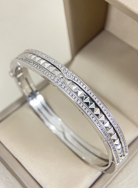 【刘亦菲同款】满钻手镯女AU750双排钻铆钉18K玫瑰金密镶百搭手环