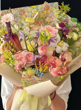 油菜花雪梨纸花束油画风包装