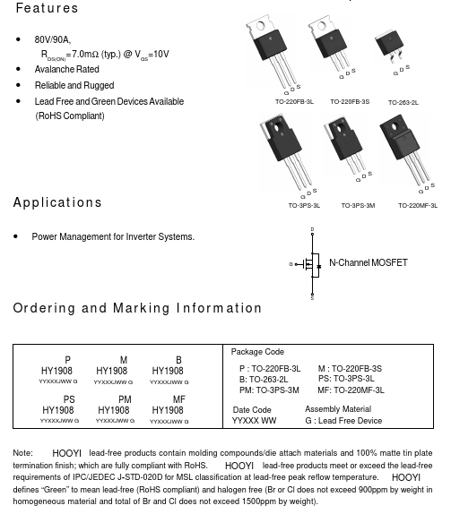 拆机原字码测好  HY1908B HY1908  TO-263贴片80V90A MOS场效应管 - 图1