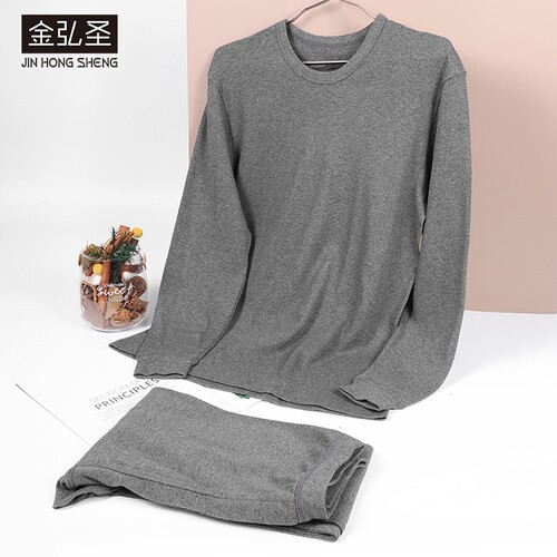 100%全棉秋冬男款长袖圆领中厚纯棉高腰宽松保暖内衣秋衣秋裤套装 - 图0