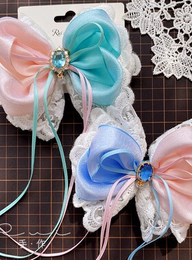 手作发饰蝴蝶结春夏细闪撞色蕾丝