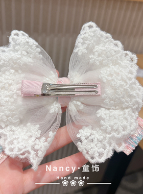 古风清新刺绣带小清新粉色蕾丝蝴蝶结发饰女童儿童头饰边夹配饰