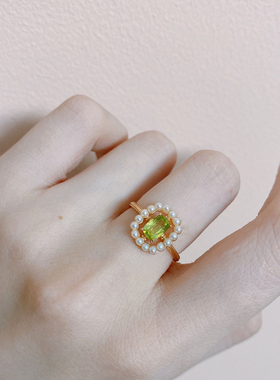 伦敦古董戒指橄榄石阿卡朵同款指环珍珠边戒指ins高级感可调戒指