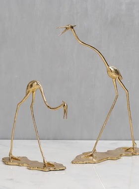 新中式陶瓷花瓶玄关客厅样板间书房软装饰品纯铜金属仙鹤假山摆件