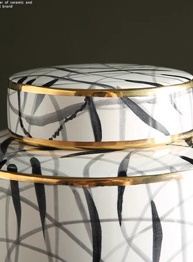 现代简约黑白陶瓷储物罐 美式家居客厅装饰罐摆件 样板房软装配饰