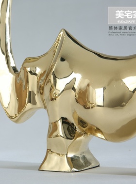 轻奢创意纯铜金属犀牛摆件工艺品样板间书房桌面装饰品小动物摆设