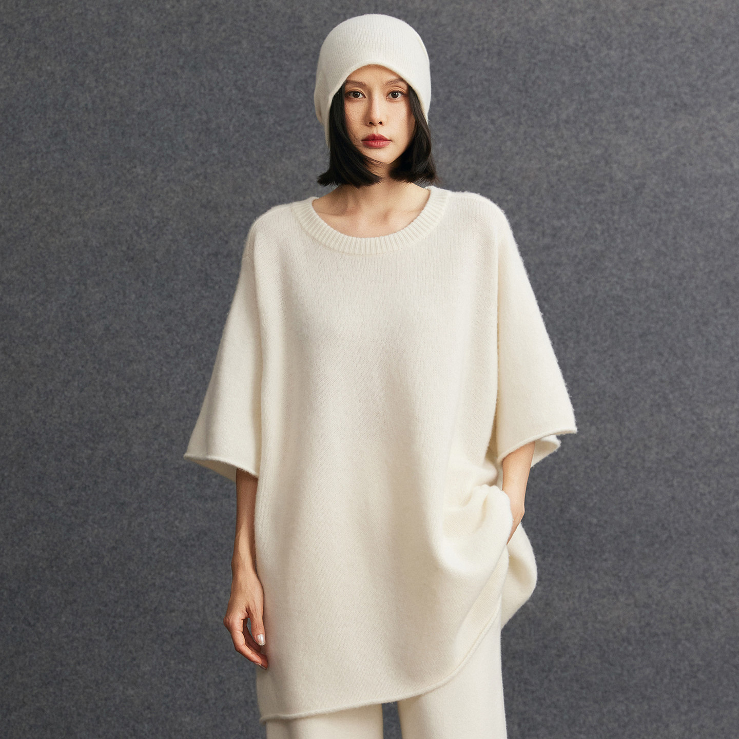 R0W风及简羊绒宽松廓形半袖针织衫女圆领中长款羊毛毛衣慵懒上衣,淘宝优惠券,粉丝福利购,淘宝优惠卷