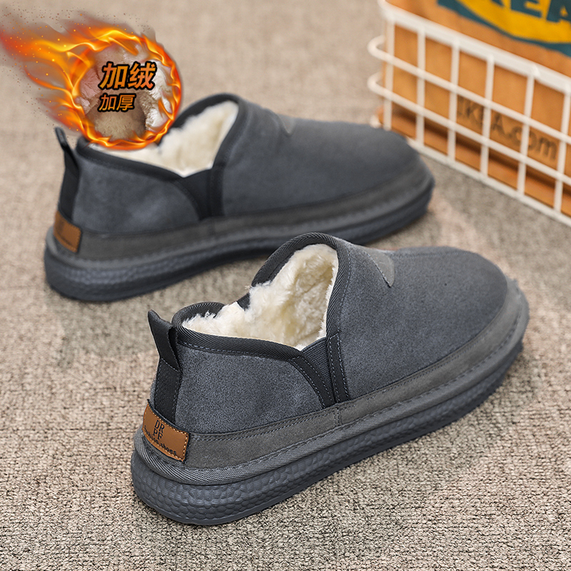 雪地靴男鞋冬季加绒加厚保暖懒人一脚蹬男士防水防滑皮毛一体棉鞋 - 图0