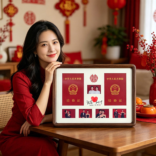 结婚证相框实木玻璃登记照摆件新婚领证订婚礼物纪念摆台高级创意 - 图2