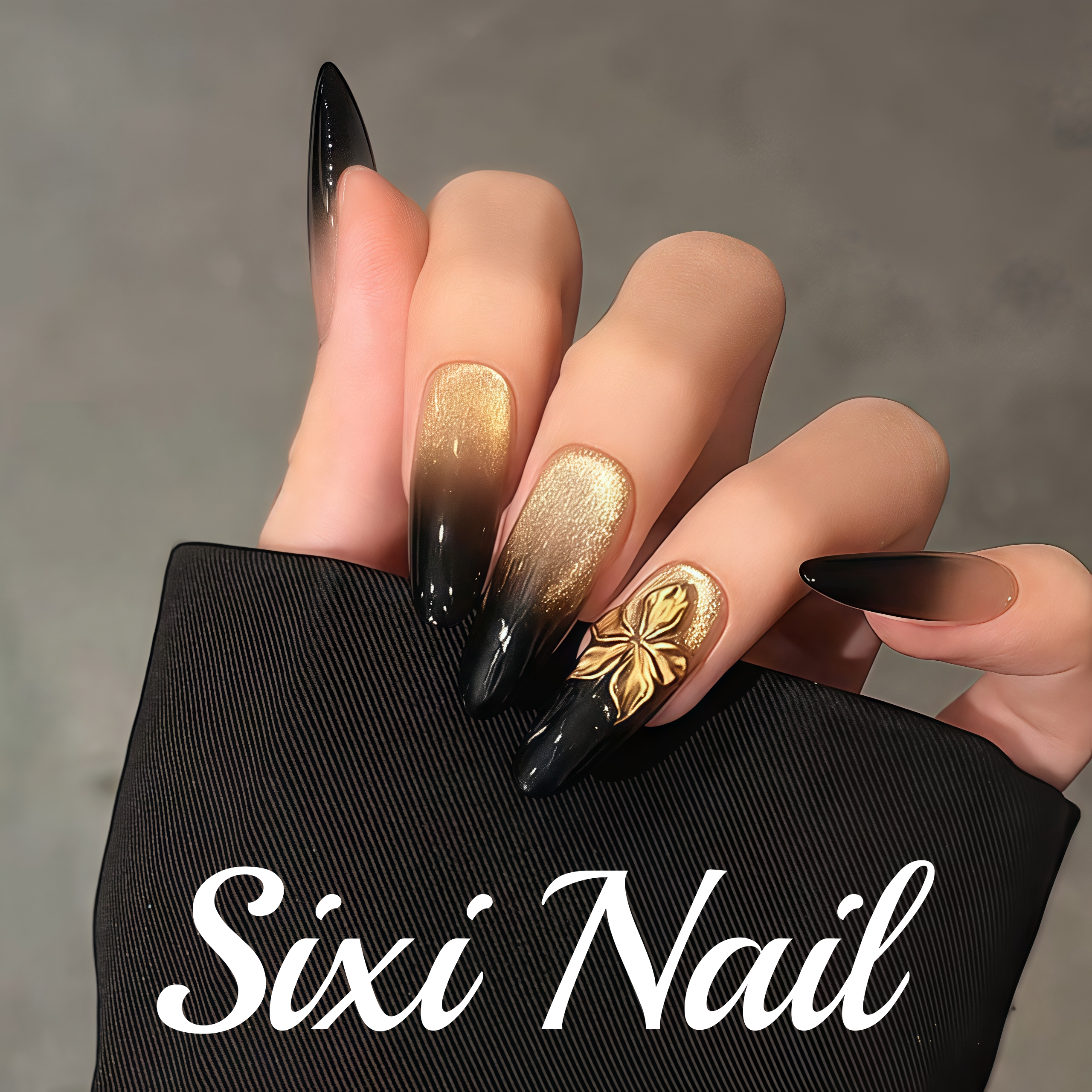黑金【雕花】高级法式渐变猫眼显白长款纯手工穿戴甲美甲贴片指甲,淘宝优惠券,粉丝福利购,淘宝优惠卷