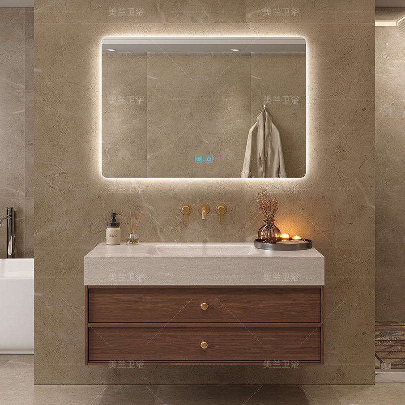 胡桃色中古风浴室柜岩板热弯一体洗手洗脸盆组合卫生间洗漱台定制,淘宝优惠券,粉丝福利购,淘宝优惠卷