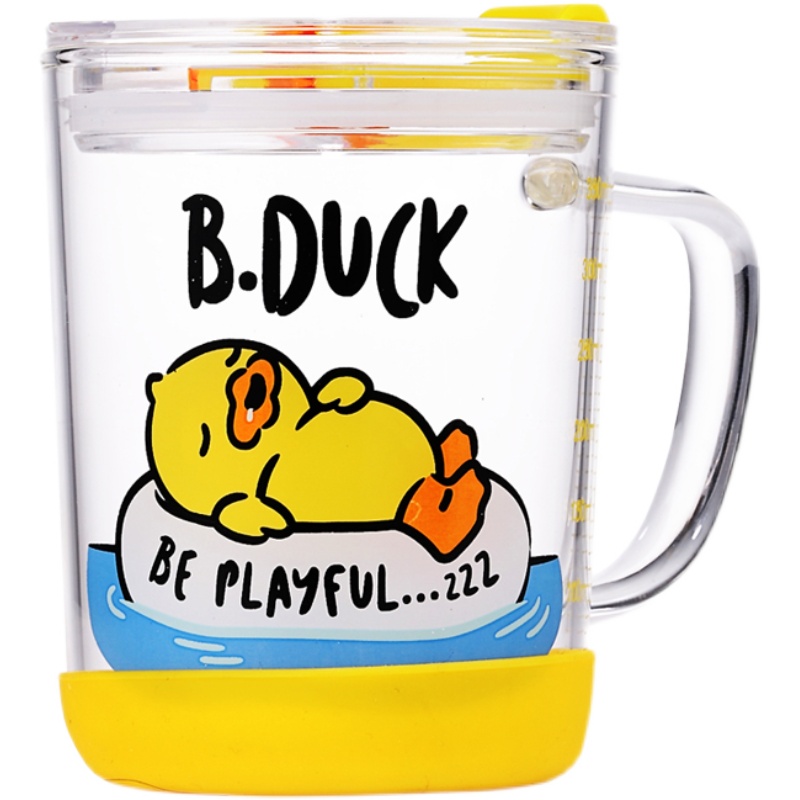 B.Duck小黄鸭宝宝牛奶杯吸管杯带刻度早餐喝奶杯玻璃儿童水杯家用-图3