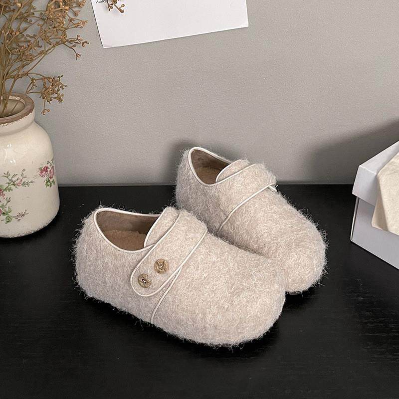 云芙纽扣小面包韩版冬季保暖魔术贴毛毛鞋外穿勃肯单鞋毛绒棉鞋,淘宝优惠券,粉丝福利购,淘宝优惠卷