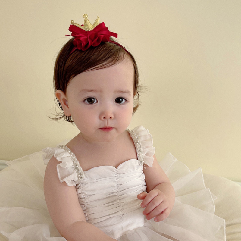 婴儿发带皇冠头饰宝宝发饰红色百天周岁生日洋气儿童小女孩头花 - 图1